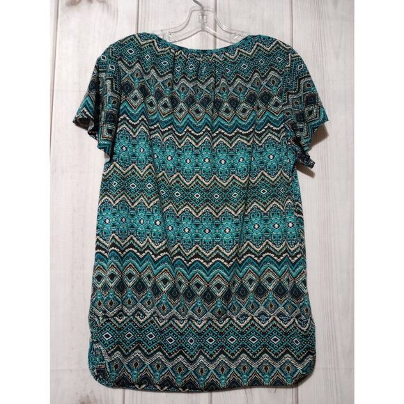 AB Studio Shirt Ladies Large Aquamarine Black Short‎ Sleeve Stretchy - Picture 2 of 6